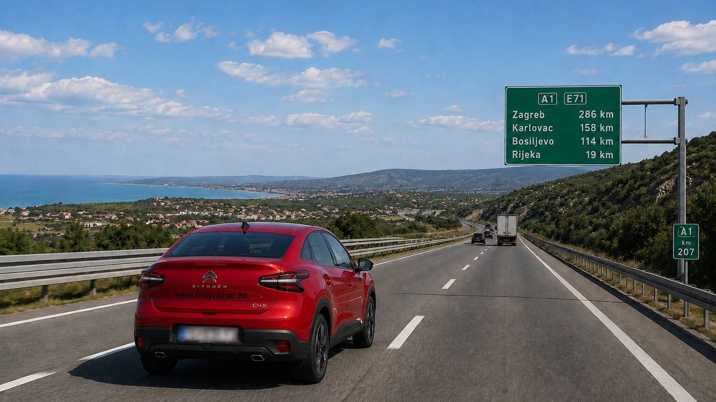 Vozilo Moj vozač na autocesti prema Zagrebu, s prometnim znakom koji pokazuje udaljenosti do Zagreba, Karlovca i Rijeke