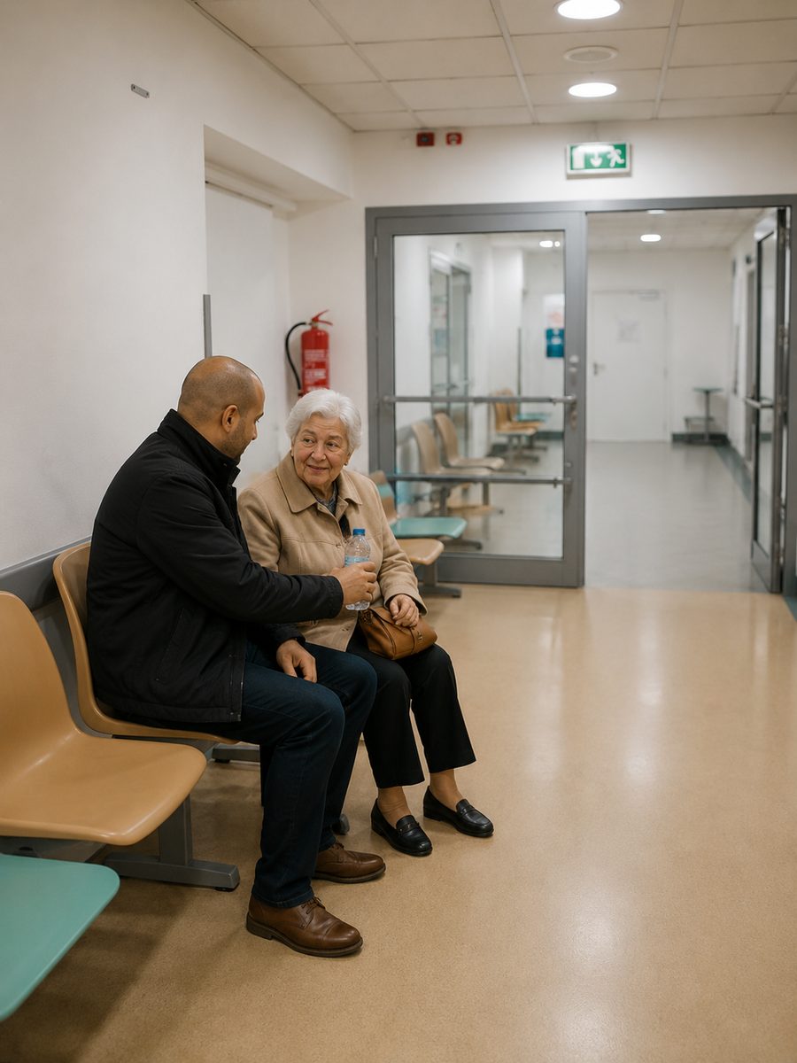 Vozač strpljivo čeka s korisnicom u čekaonici ambulante