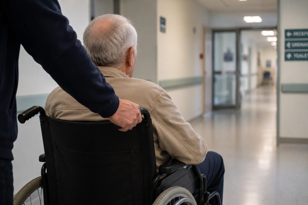 Vozač gura invalidska kolica s korisnikom kroz bolnički hodnik